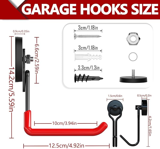 3-H Heavy Duty Magnet Garage Hooks 4 Pack, Extra Large Strong Magnetic Hooks for Hanging Cordless Power Drill, Utility Magnetic Tool Holder for Metal Cabinet, Steel Pegboard, Toolbox, Garage(Red)