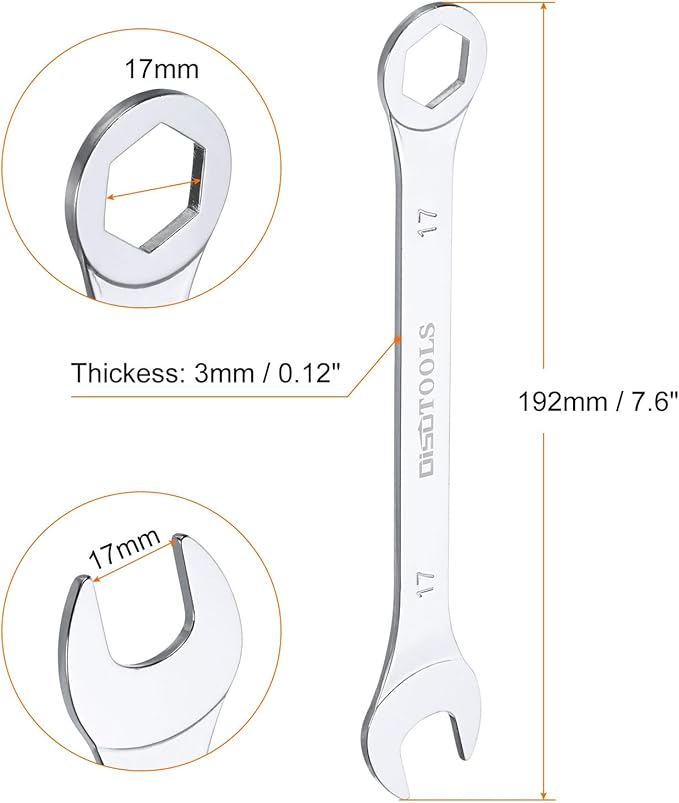 HARFINGTON Thin Combination Wrench Metric 17mm 6-Point Ended Box 15 Degree Offset Open End CR-V Chrome Plated Steel, Silver