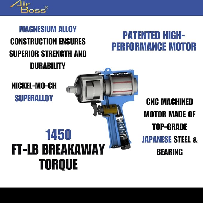 Airboss AW-140P 1/2" High-Performance Lightweight Air Impact Wrench – 1450 ft-lb Breakaway Torque Twin Hammer Design for Heavy-Duty Automotive and Industrial Applications