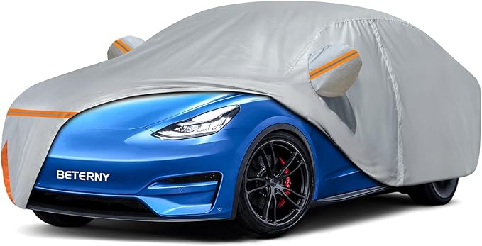 Car Cover for 2020-2025 Tesla Model Y, Waterproof Custom-fit All Weather Sun Rain UV Dust Snow Protection Windproof Outdoor Model Y Full Car Cover with Door Zipper and Cotton Lining-Grey
