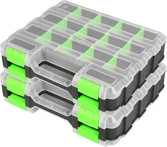 Generic Tool Box with Transparent Lid, Double Side 34-Compartments Organizer Box with Removable Dividers for Hardware, Screws, Bolts, Nails, Beads, Jewelry and Fishing Accessories, Green, 2 Packs