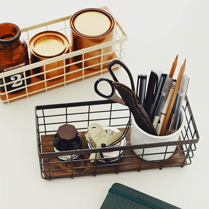 TIEYIPIN Small Metal Wire Storage Basket, Detachable Wood Base Storage Organizer Bin Basket for Kitchen Cabinets, Bathroom, Pantry, Garage, Laundry Room - Cream White