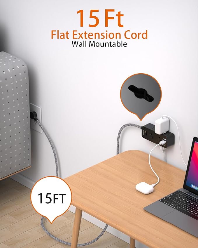 15Ft Black Extension Cord, BESHON Power Strip Surge Protector, 6 Outlets with 3 USB Ports(1 USB C Outlet), 3-Side Outlet Extender, Wall Mount, Compact for Home, College Dorm Room