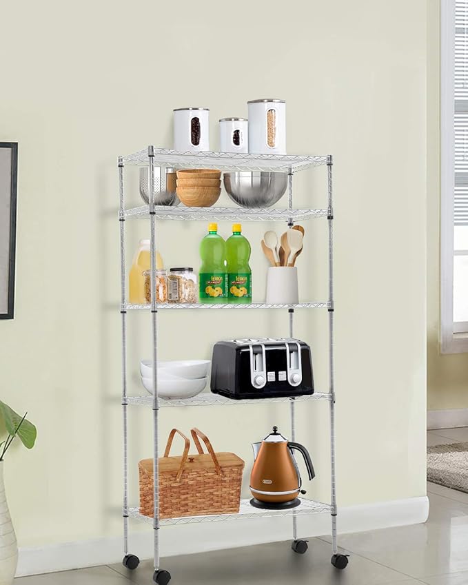 BestOffice 14"x30"x60" Storage Shelves Heavy Duty Shelving 5 Tier Layer Wire Shelving Unit with Wheels Metal Wire Shelf Standing Garage Shelves Storage Rack,Adjustable NSF Certified (Chrome)