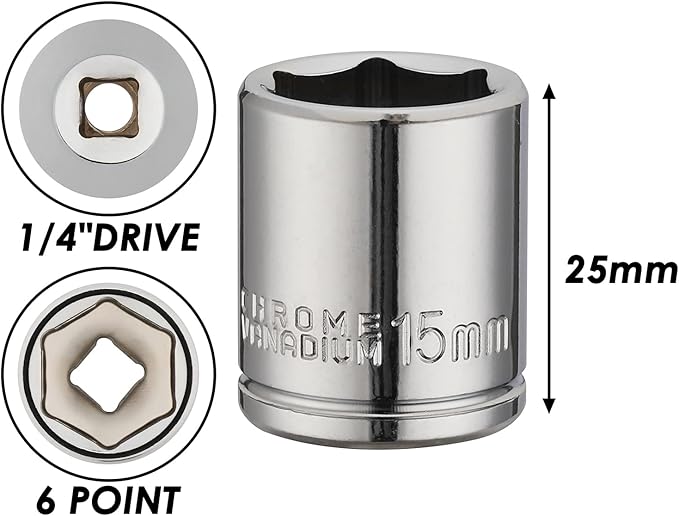 MIXPOWER 4PCS 1/4"Drive 15mm Deep&Shallow Socket, 6 Point, Cr-V Steel, 15mm