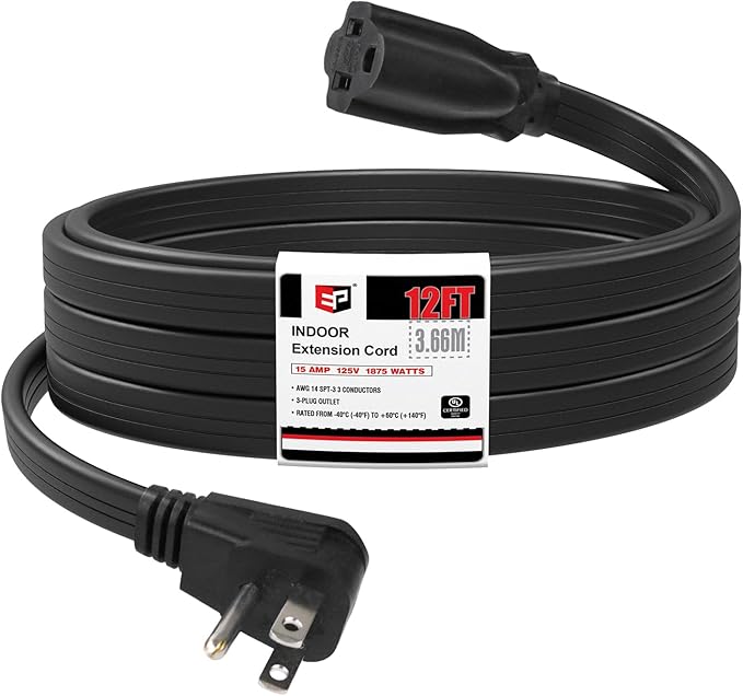 EP 12 Ft Heavy Duty Appliance Extension Cord - 14 Gauge 3 Prong Grounded Cable Wire, Ideal for Air Conditioners, Refrigerators, Microwaves, Washing Machines & More - Indoor Use, Black