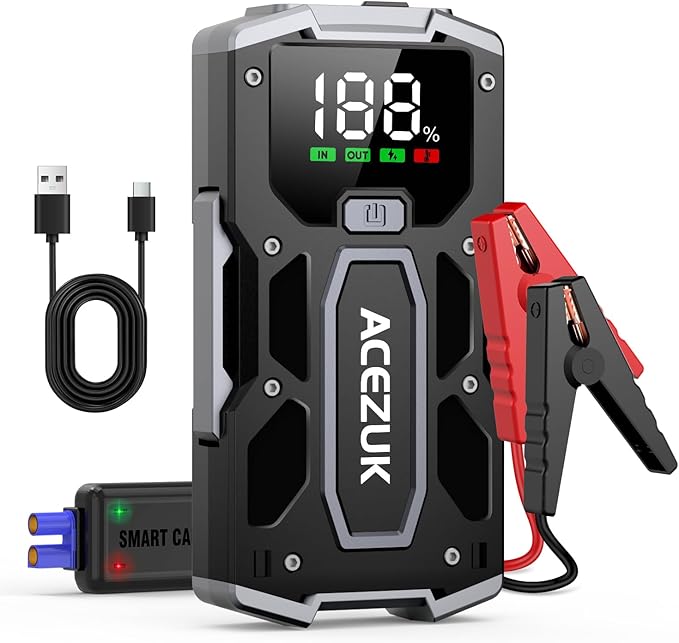 Car Jump Starter,12V 8-in-1 Jump Starter Battery Pack 6000A, Up to 7.0L Gas & 5.5L Diesel Engines Quick Charge 3.0 Power Bank Jumper Cable with LED,Large Screen
