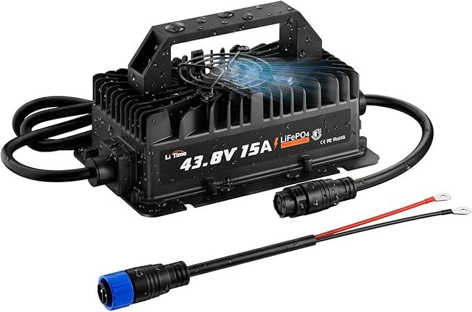 LiTime 36V (43.8V) 15A Lithium Battery Charger, IP66 Waterproof AC-DC LiFePO4 Battery Charger Support 0V Wake Up, Overcharge & High-Temp Protection Trickle Charger for Golf Cart, RV, Boat