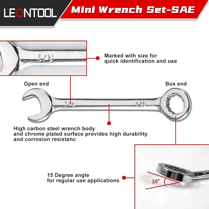 Mini Wrench Set, 10-Piece SAE Wrenches, Rust-Resistant Chrome Finish, Ideal for Automotive, Industrial, Home, Hobby - Silver
