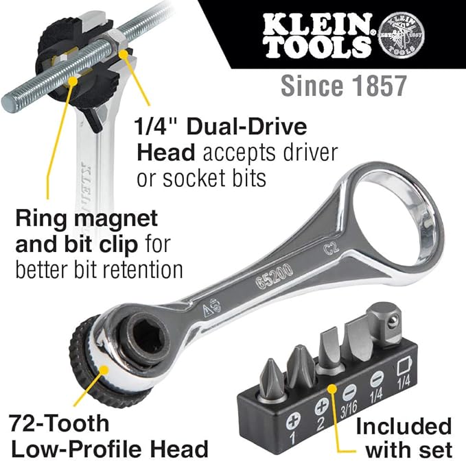 Klein Tools 65200 Ratchet Set, 5-Piece Mini Ratchet Set with Phillips, Slotted & 32561 Multi-Bit Screwdriver/Nut Driver, 6-in-1 Stubby Screwdriver with 2 Phillips, 2 Slotted Bits, 2 Nut Drivers