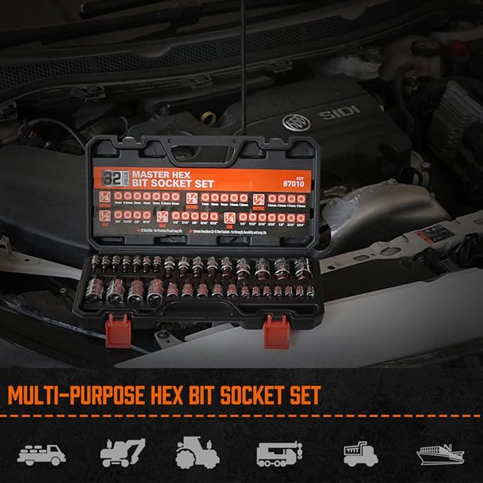 High Torque Master Hex Bit Socket Set, 32-Piece SAE & Metric Allen Socket Set, Premium S2 Alloy Steel, Durable Storage Case, 1/4", 3/8", 1/2" Drive, for Automotive & Mechanical Work