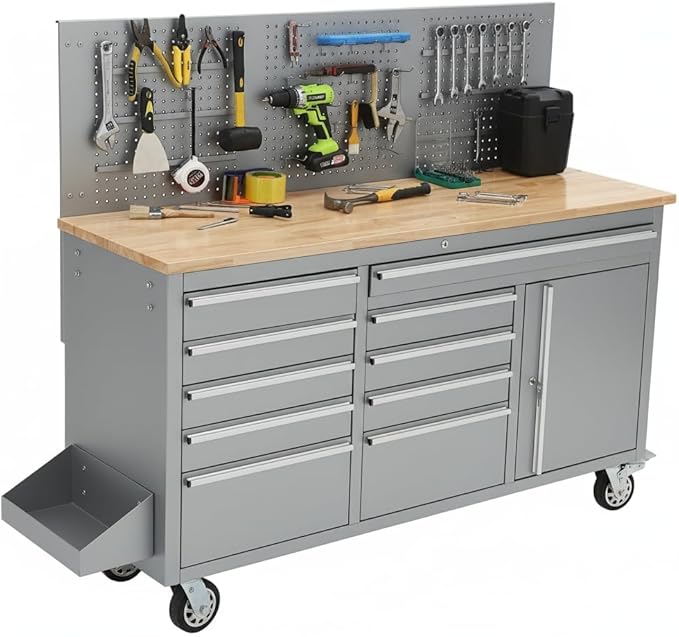 Tool Chest, 61 Inch Tool Box Mobile 9 Drawers Storage Rolling Cabinet with Wheels Lock Key Locking System Drawer Liners for Garage Warehouse Repair Shop, Sliver