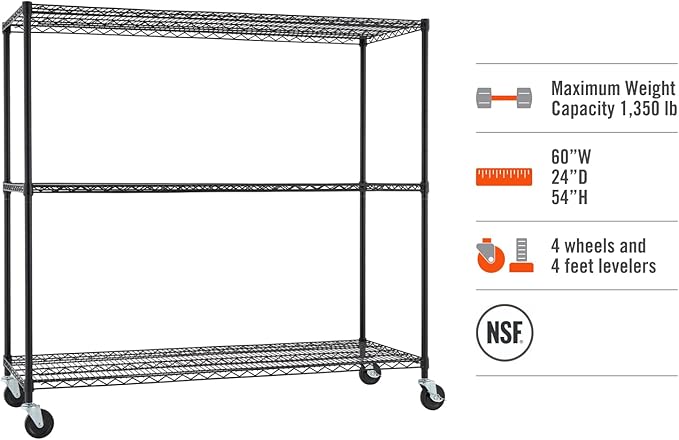 Trinity Basics 3-Tier Adjustable Wire Shelving with Wheels for Kitchen Organization, Garage Storage, Laundry Room, NSF Certified, 600 to 1350 Pound Capacity, 60” by 24” by 54”, Black