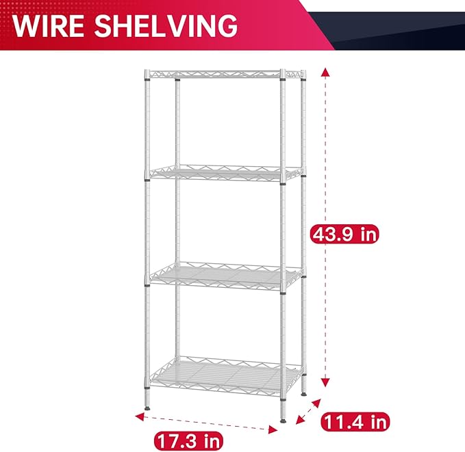 BestOffice 4-Shelf Adjustable Storage Shelving Unit Metal Rack Wire Shelf 600Lbs Capacity with 4 PP Sheets 18L x 12W x 44H for Laundry Bathroom Kitchen Garage,Chrome