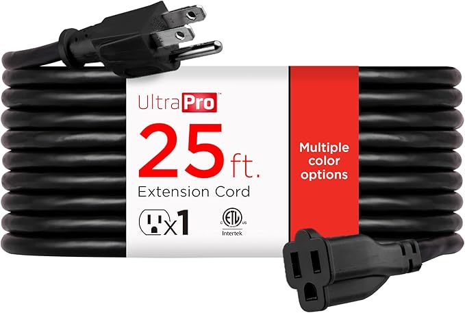 UltraPro Outdoor Extension Cord, 25 Ft, Heavy Duty, UL Certified 3 Prong, 16 AWG 3-Wire, Multipurpose Long, 1 Pack, Black, 69275