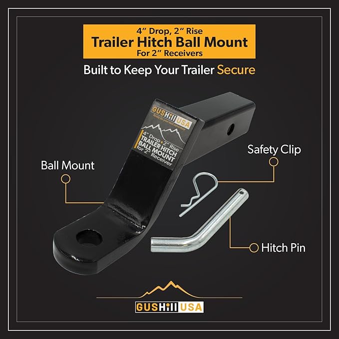 GusHIll USA GH45050 Trailer Hitch Ball Mount, Fits 2-Inch Receiver, 6,000 lbs, 1-Inch Hole, 4-Inch Drop
