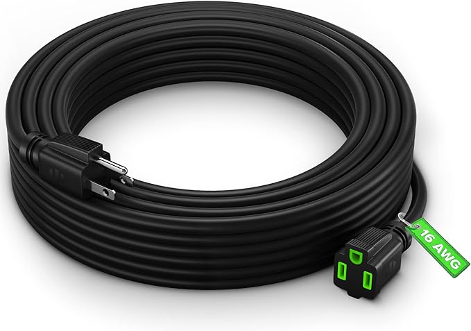 Maximm Extension Cord 20 Ft Black Power Cords Indoor 16 Gauge Wire SJTW Heavy Duty ETL Listed (20Ft, Black with Green Indicators)