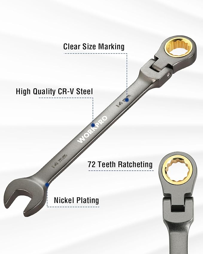 WORKPRO 14 mm Flex-Head Ratcheting Combination Wrench, Cr-V Constructed, Nickel Plating, 72-Teeth, 12 Point Design, Metric