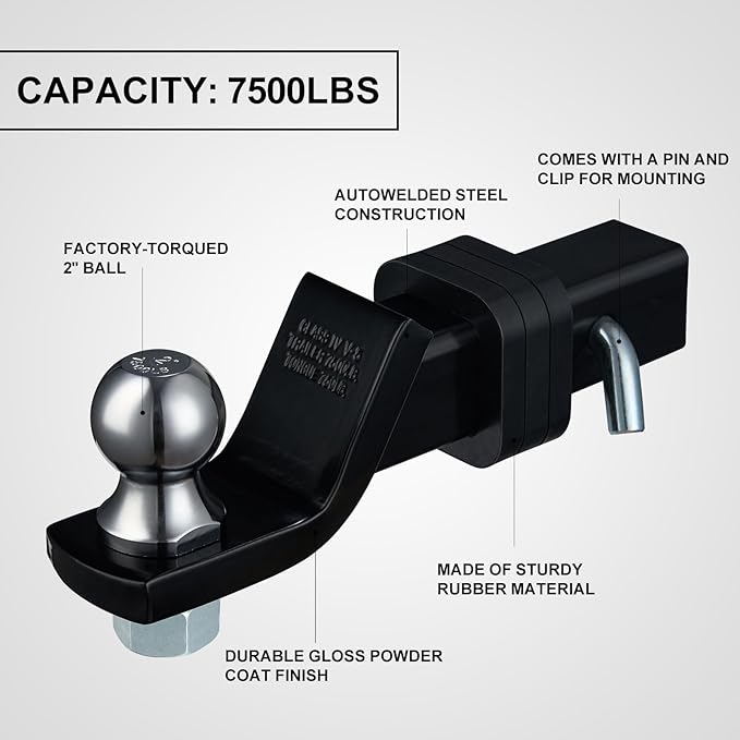 TOPSHINE Trailer Hitch Ball Mount with 2 in Ball & Hitch Pin, Heavy Duty Steel Fits 2 Inch Receiver, 7500lbs Capacity, 2-in Drop, 3pcs Hitch Receiver Silencer Pad Included, Black