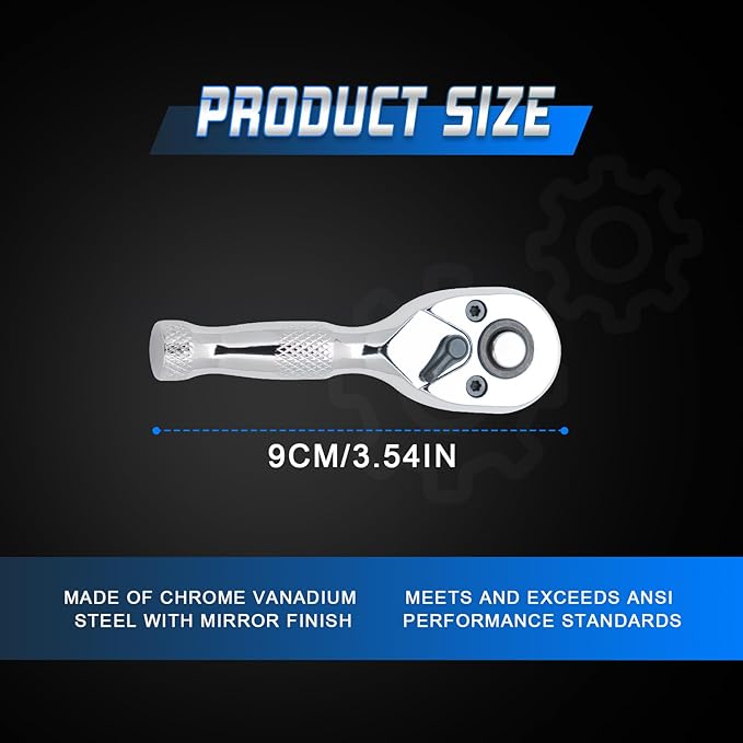 1/4 Inch Drive Stubby Ratchet Mini Ratchet Wrench,1/4 Socket Wrench, 72-Tooth Quick-Release，Reversible,Chrome Vanadium Alloy Steel for Durability
