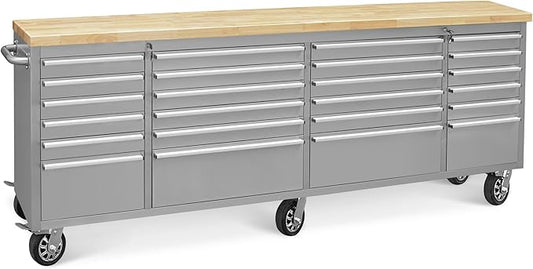 96-Inch Stainless Steel Rolling Tool Box with 24 Drawers, Heavy-Duty Mobile Garage Workbench, Lockable Large Tool Chest Storage Cabinet with Wheels for Workshop