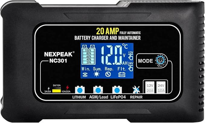 NEXPEAK NC301 20-Amp Car Battery Charger, 12V and 24V Smart Fully Automatic LiFePO4 Battery Charger Maintainer Trickle Charger w/Temp Compensation for Car Truck Boat Lead Acid Batteries