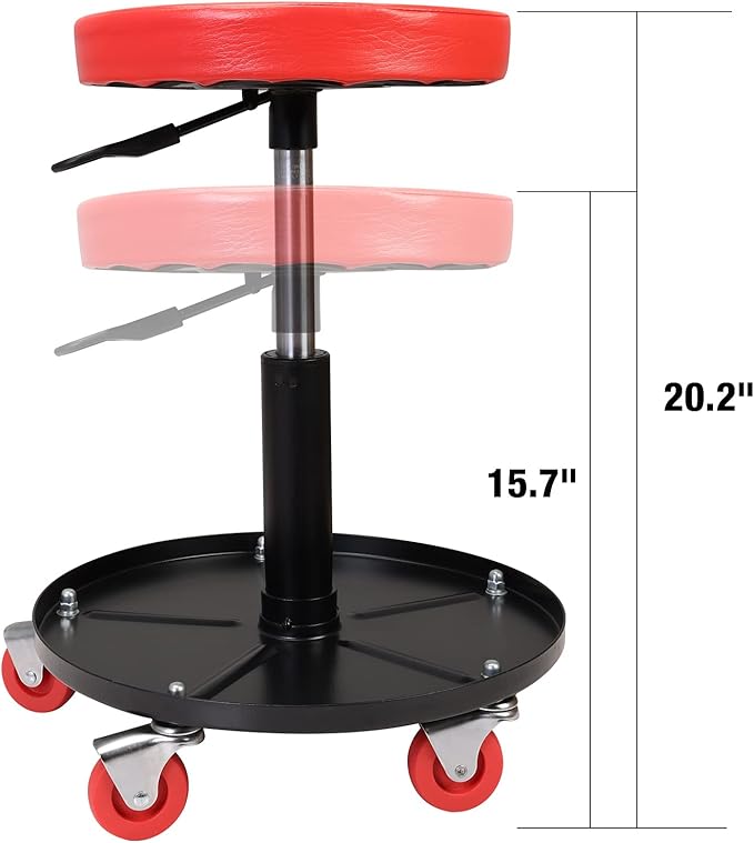 Torin ATRHL6201B Heavy Duty Rolling Pneumatic Creeper Garage/Shop Seat: Padded Adjustable Mechanic Stool with Tool Tray Storage, Red 250 LBS