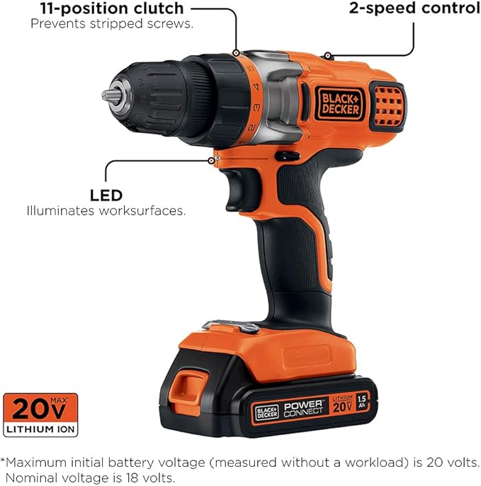 BLACK+DECKER 20V MAX Cordless Drill Driver with Battery and Charger, LED Work Light (LDX220C)