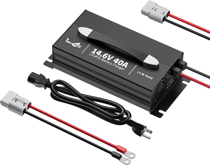 Timeusb 14.6V 40A LiFePO4 Battery Fast Charger, 12V Lithium Battery Charger with 40A High Output Current, AC-DC Smart Charger for Deep Cycle Batteries in RV, Boat, Marine, Off-Grid Applications