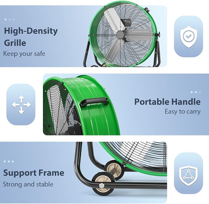 LifePlus 24 Inch Industrial Drum Fan High Velocity Floor Shop Fan 3 Speed, Heavy Duty Metal Air Circulator with Adjustable Tilt & Large Wheel for Warehouse, Garage, Factory, Patio, Barn, Green