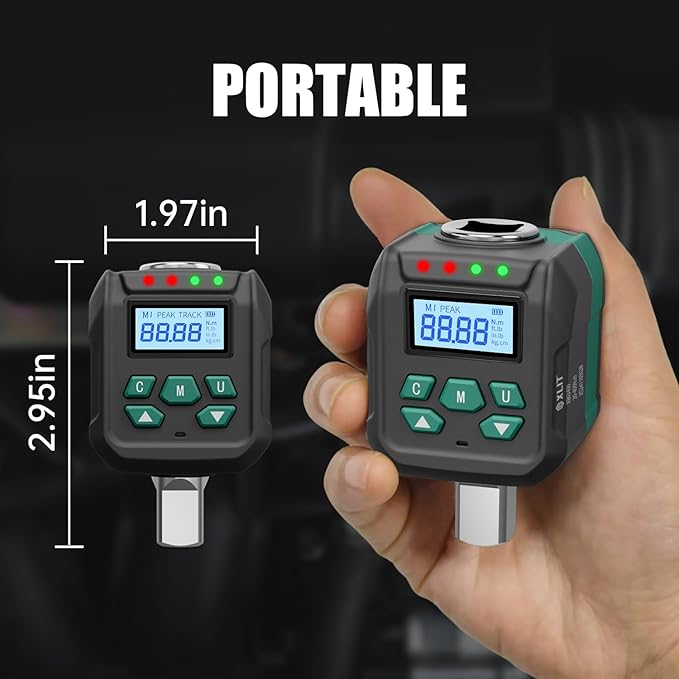 1/2" Digital Torque Adapter Set with Socket Adapters (1/4", 3/8") - 2% Accuracy, 7.4-147.5 ft-lb, Buzzer & LED Alerts, Working with Ratchet Wrench, Breaker Bar - for Automotive, Motorcycle & Car