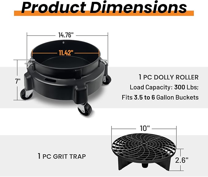 ROBLOCK 5 Gallon Bucket Dolly Roller with Wheels, Detailing Bucket Dolly with Dirt and Grit Traps Insert, Car Wash Accessories for Car Washing, Cleaning, Carrying