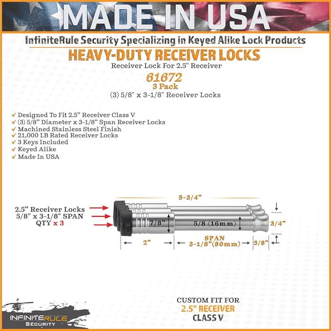 61672 | 3 Pack, Keyed Alike, Receiver Locks for 2" and 2.5" Receiver Class III, IV, V and Gen-Y Hitch Mega Duty 10K LB & 16K LB