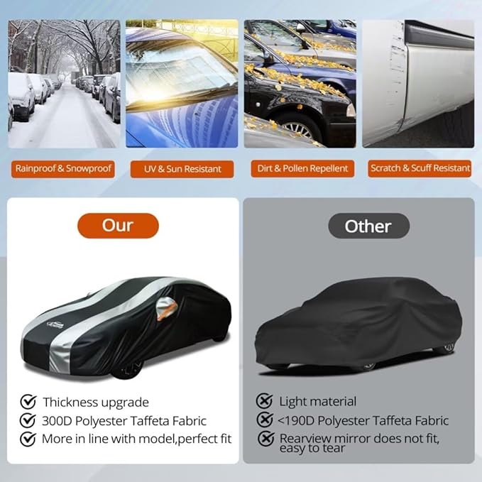 Waterproof Car Cover with Silver Stripe Design,Outdoor/Indoor Car Cover for Automobiles All Weather Waterproof Universal Fit Audi A8, Lexus LS, Jaguar XJ,Benz S-Class, BMW 7 Series