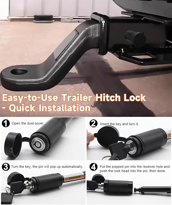 Trailer Hitch Lock with Anti-Theft Design, 5/8" Diameter Pin Fits 2" 2-1/2"Hitch Receivers with 6 Anti-Rattle Rubber O-Rings, Hitch Receiver Lock Perfect for Truck, Boat, Bicycle