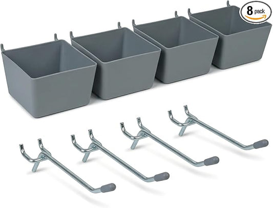 Pegboard Bins and Hooks Set, 4 Pack Open Front Storage Bins with 2 Inch Hooks, Small Parts Organizer Add-On for Screws, Nails, Tools, Garage Workshop Wall Storage