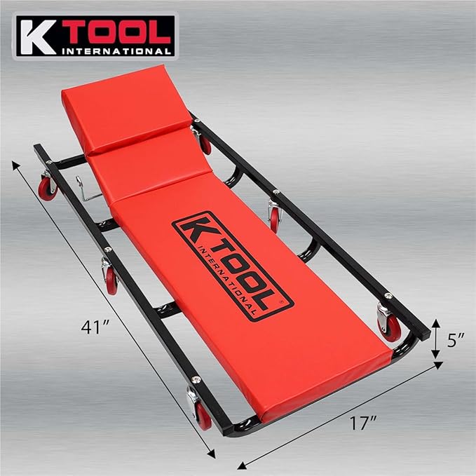 K Tool International 74961 Creeper Seat, Adjustable Headrest with Fully Padded Support, Oil Resistant Rubber Casters, Epoxy Coated Steel Frame for Shop Mobility