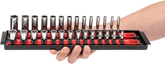 TEKTON 1/4 Inch Drive Shallow and Deep 12-Point Socket Set with Rails and Trays, 50-Piece (5/32-9/16 in., 4-15 mm) | SHD90216