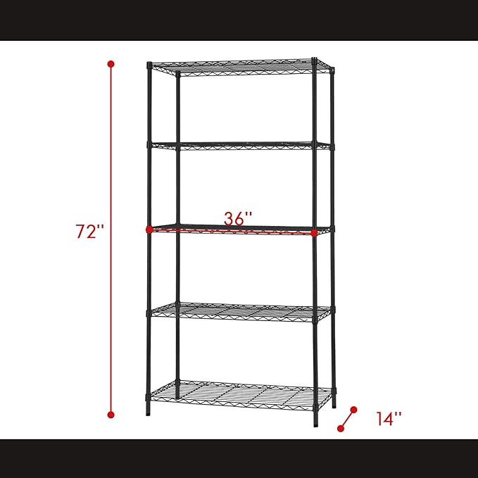 5 Tier Wire Shelving Unit 72"x36"x14"Storage Shelves Metal Wire Shelf Storage Rack Adjustable Commercial Organizer Heavy Duty Layer Unit for Restaurant Garage Pantry Kitchen Office (Black)
