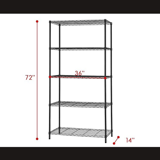 5 Tier Wire Shelving Unit 72"x36"x14"Storage Shelves Metal Wire Shelf Storage Rack Adjustable Commercial Organizer Heavy Duty Layer Unit for Restaurant Garage Pantry Kitchen Office (Black)