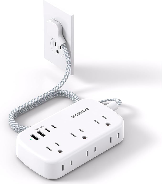 10FT Flat Plug Power Strip with USB C, BESHON Ultra Thin Flat Plug Extension Cord - 6 Outlets with 4 USB Ports(2 USB C), Power Strip for Dorm Room Travel Essentials