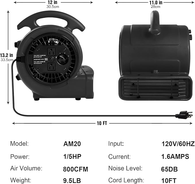 MOUNTO 1/5hp Air Mover 800cfm Blower Fan Carpet Floor Drying Fan - 3-Speed Compact Air Mover w/Dual Outlet, 10ft Power Cord for Drying, Cooling, Air Circulation (Black)