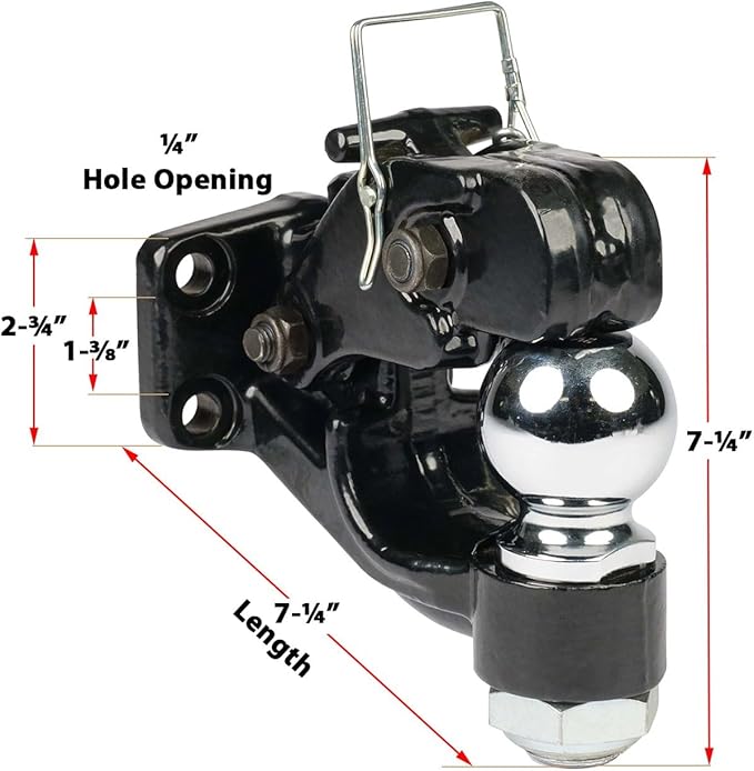 Mytee Products Mounting Plate Kit: Solid Steel 8 Ton Pintle Hitch with 2-5/16 inch Ball for Trailers, 2" Hitch Receiver