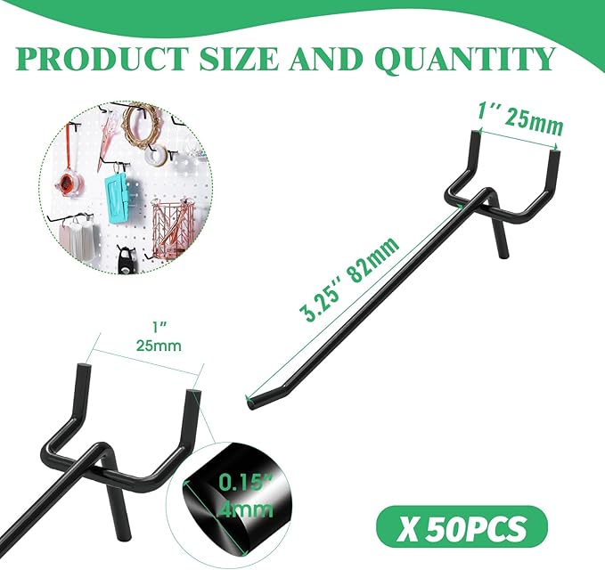 50Pcs 4"/10CM Pegboard Hooks Assortment Set, Metal Peg Board Hooks with 2.5mm Hole Pitch 4mm Wire Diameter Slatwall Hanging Hook for Garage Organization Wall Hanging (Black)