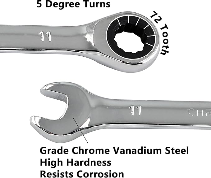 2 Pcs 11mm Ratchet Wrench Metric Ratcheting Wrench Set with 5° Movement and Hardened & 72 Teeth for Projects Metric Tight Spaces