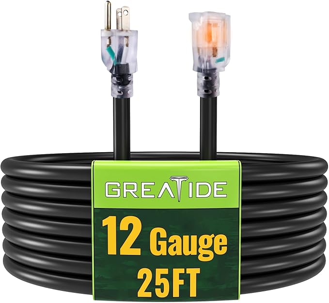 Outdoor Extension Cord with Lighted End, 12 Gauge Heavy Duty 25 FT, 3 Prong Grounded 15 Amp Extension Cord, 12/3 SJTW Waterproof Power Cord for Appliance, UL Listed, Black