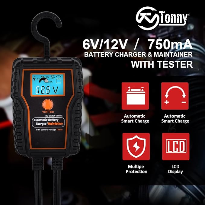 Automotic Battery Trickle Charger Maintainer 12 Volt 750mA Battery Float Charger Maintainer with LCD Float Charging for Motorcycle ATV Lawn Mower Car Boat