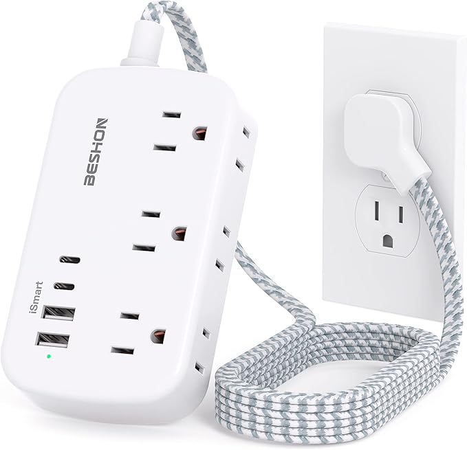 Flat Extension Cord, BESHON 5FT Flat Plug Power Strip with USB C, 6 Outlets 4 USB Port(2 USB C), No Surge Protector, Cruise Ship, Dorm Room Travel Essentials
