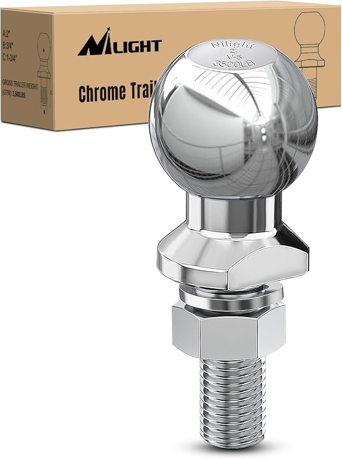 Nilight 2-Inch Diameter Chrome Trailer Hitch Ball, 3,500 lbs, 3/4 x 1-3/4-Inch Shank Universal Fit Gray