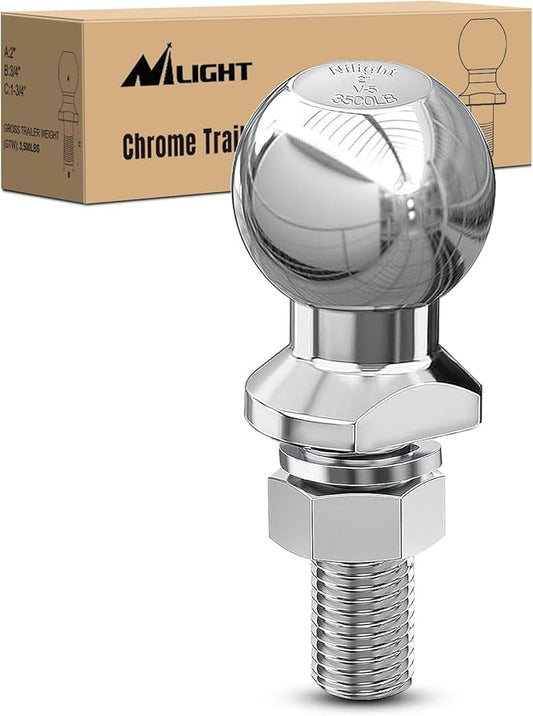 Nilight 2-Inch Diameter Chrome Trailer Hitch Ball, 3,500 lbs, 3/4 x 1-3/4-Inch Shank Universal Fit Gray